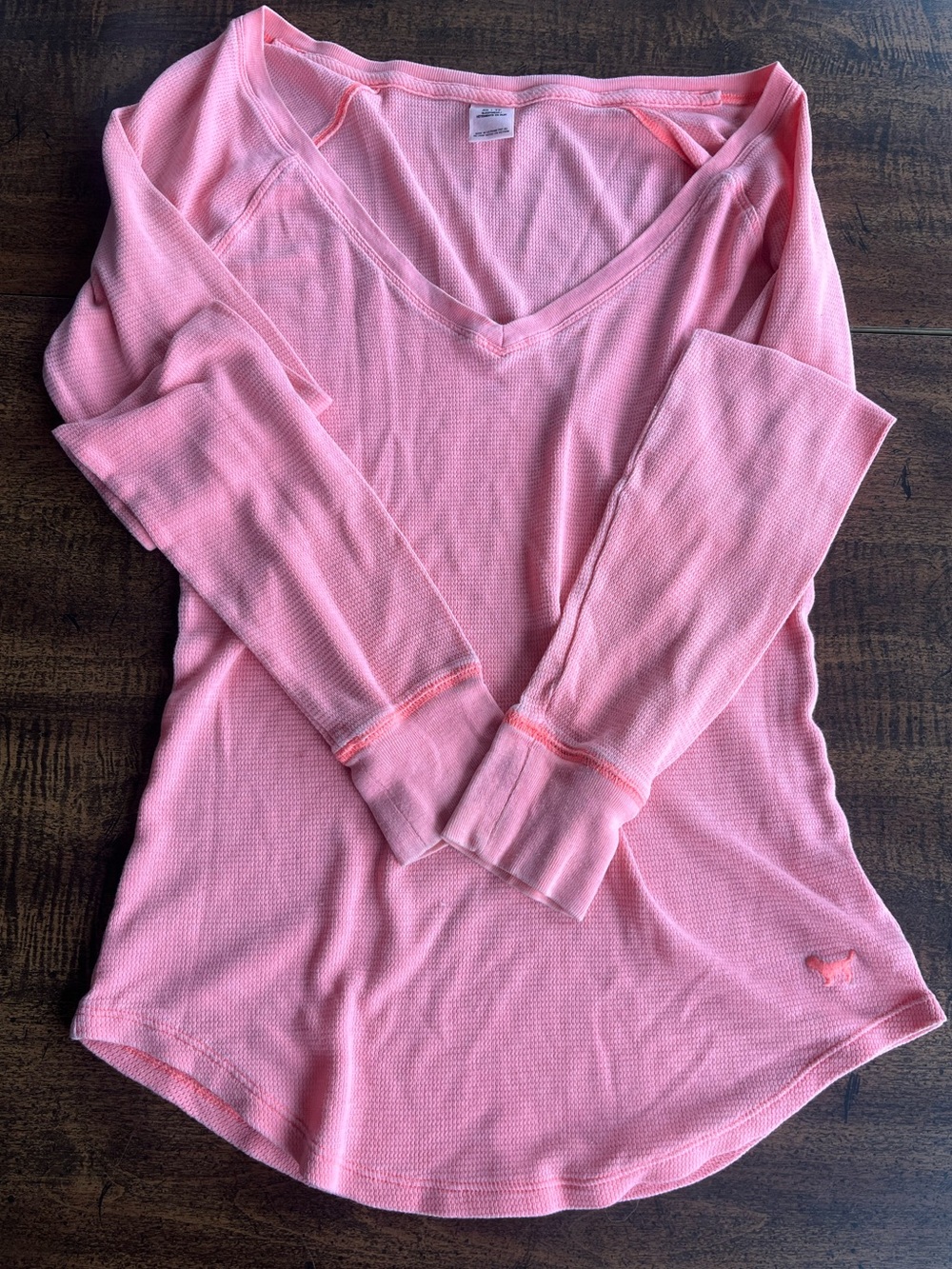 Y2K Victoria’s Secret PINK Thermal V Neck Top Salmon Waffle Knit XS Long Sleeve